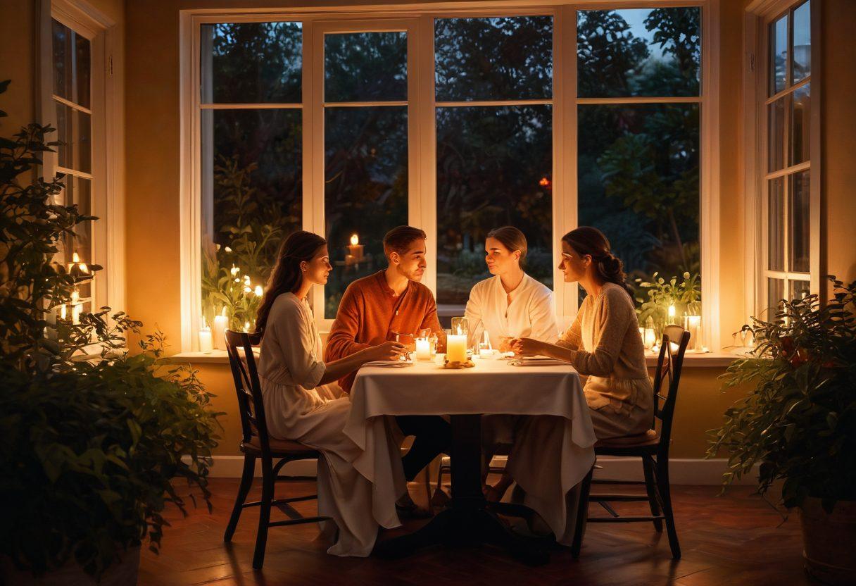 A serene scene depicting a couple in a cozy setting, surrounded by soft candlelight, engaged in deep conversation, with gentle touches. The background features a lush garden visible through a window, symbolizing growth, and passion. Add heart motifs subtly woven into the decor. Warm color palette for intimacy and connection. super-realistic. vibrant colors. cozy ambiance.