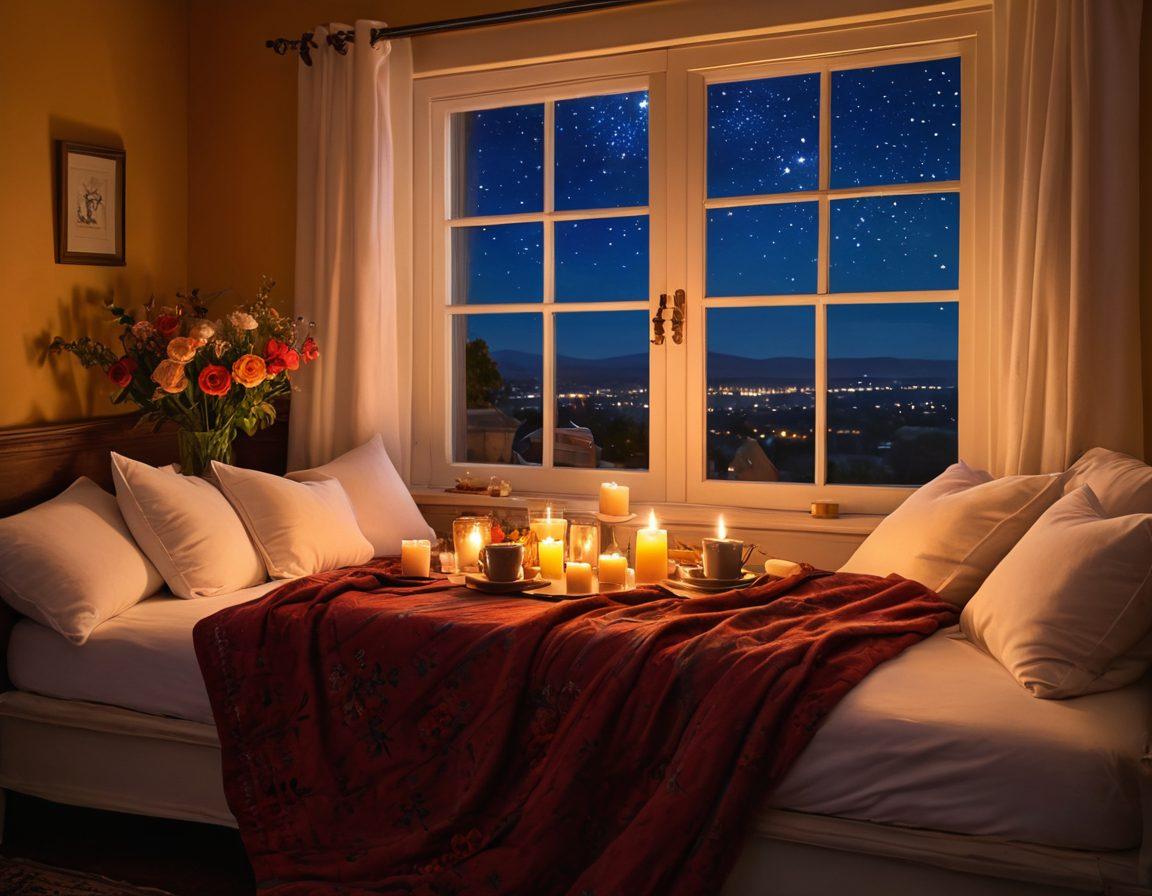A cozy candlelit room filled with soft pillows and warm blankets, where two hands are gently intertwined on an elegantly set table. In the background, a window reveals a starry night sky, while a heart-shaped floral arrangement adds a touch of romance. The ambiance radiates warmth and intimacy, inviting viewers to explore the tenderness of heartfelt romance. super-realistic. vibrant colors. soft focus.