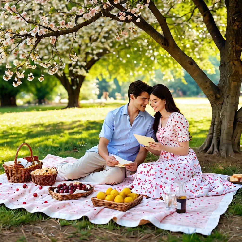 A romantic picnic scene under a blossoming cherry tree, featuring a couple sharing a heartfelt hug surrounded by handwritten love letters and delicate flowers. Soft sunlight filters through the petals, casting a warm glow on their joyful expressions. Nearby, a vintage picnic blanket is adorned with gourmet snacks and sparkling drinks. Captivating elements of tenderness and admiration are highlighted to enchant viewers. super-realistic. vibrant colors. soft focus.